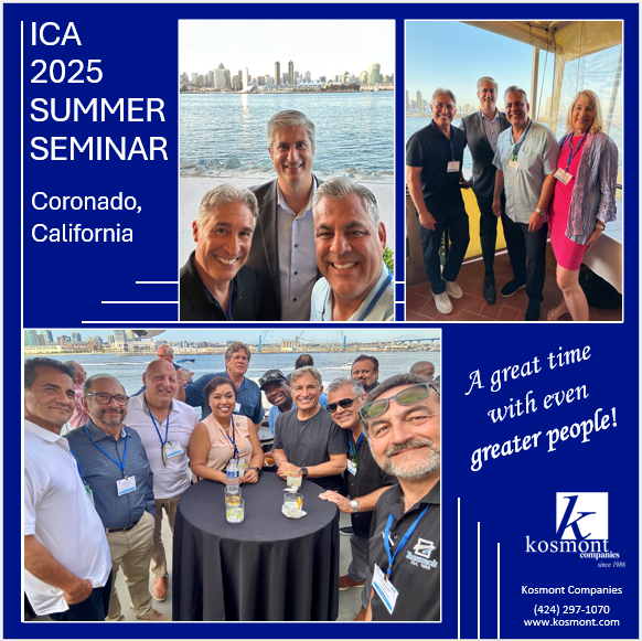 The 2025 #ICASummerSeminar held in Coronado, California was a truly wonderful event with great weather, in a great location, and with even greater people! Larry Kosmont, Ken K. Hira, Sara Isgur, and Dan Massiello attended from Kosmont Companies, Kosmont Realty, and Kosmont