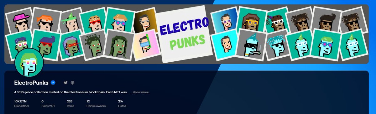 ElectroPunksETN's tweet photo. ๐ 228 ElectroPunks minted in the first 2 hours!
Huge thanks to the amazing @electroneum community for powering a successful launch ๐โก
Mint yours now ๐
https://t.co/QAGXzKhFgy
#ElectroPunks #ETN #NFTdrop https://t.co/H4x22IYbwZ