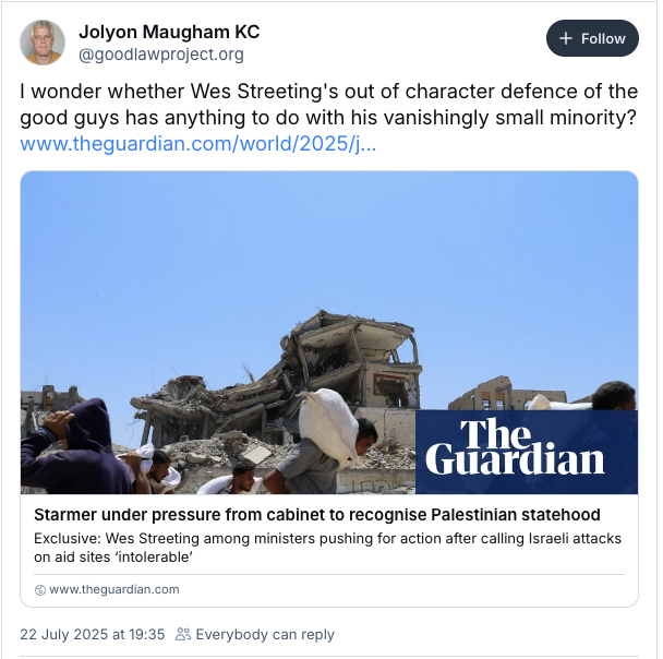 Wonkypolicywonk's tweet image. I wonder whether Jolyon's constant bitching about Wes Streeting has anything to do with Wes Streeting having handed Jolyon his arse on a plate in the High Court last summer?