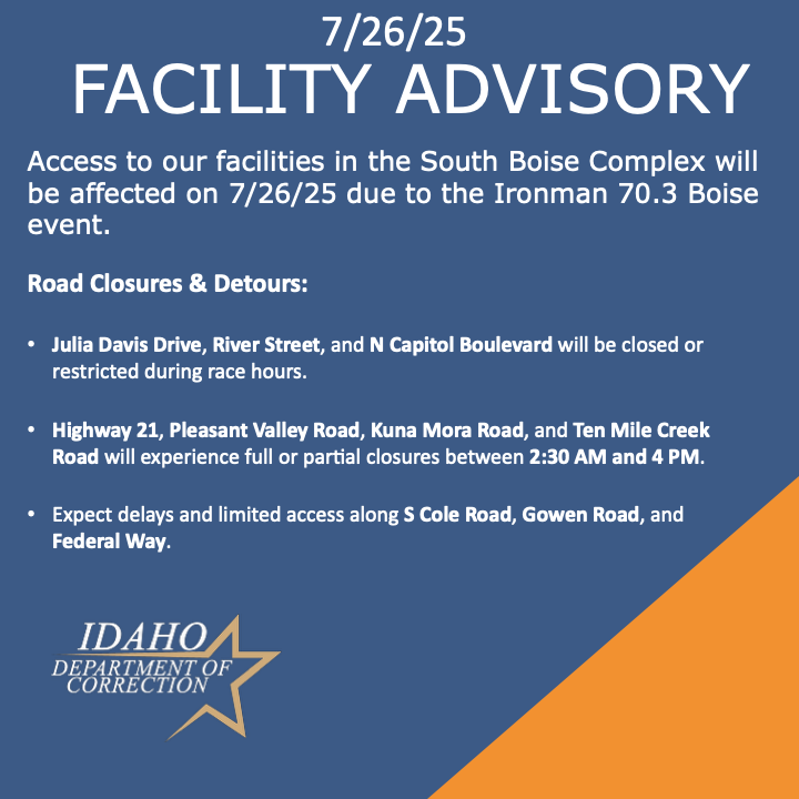 ‼️Visitation will also be affected. Please contact our facilities prior to making any plans to visit that day to confirm visitation status. Phone numbers to our facilities can be found here: idoc.idaho.gov/content/locati…