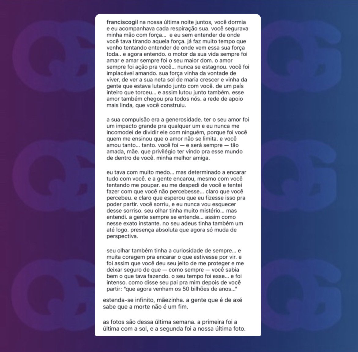 QGdoPOP's tweet image. Francisco Gil, filho único de Preta Gil, presta homenagem à mãe:
“Ter o seu amor foi um impacto grande pra qualquer um e eu nunca me incomodei de dividir ele com ninguém, porque foi você quem me ensinou que o amor não se limita. E você amou tanto... tanto. Voce foi — e será…