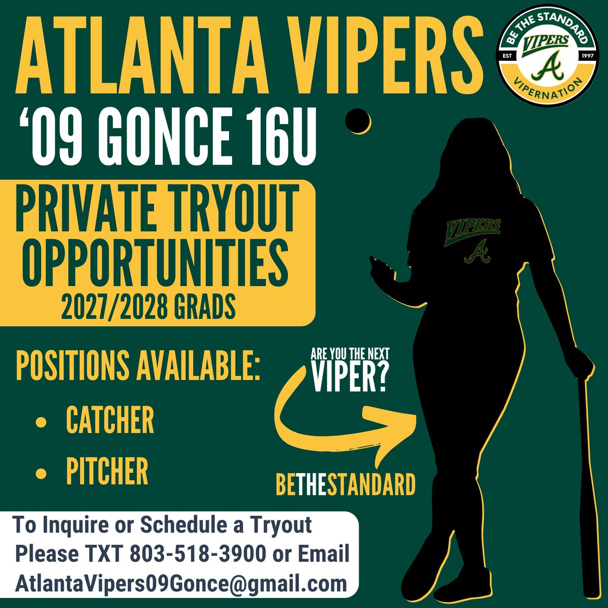 The Atlanta Vipers 2027 – Gonce is looking for a Catcher and Pitcher (2027/2028 grads) to join their elite roster!

📈 Permanent roster spots
🎯 Focused on development + college recruiting
🔒 Private tryouts only
📩 Contact Info on Flyer
ℹ️ Interest Form
atlantavipersfastpitch.org/interest?selec…
