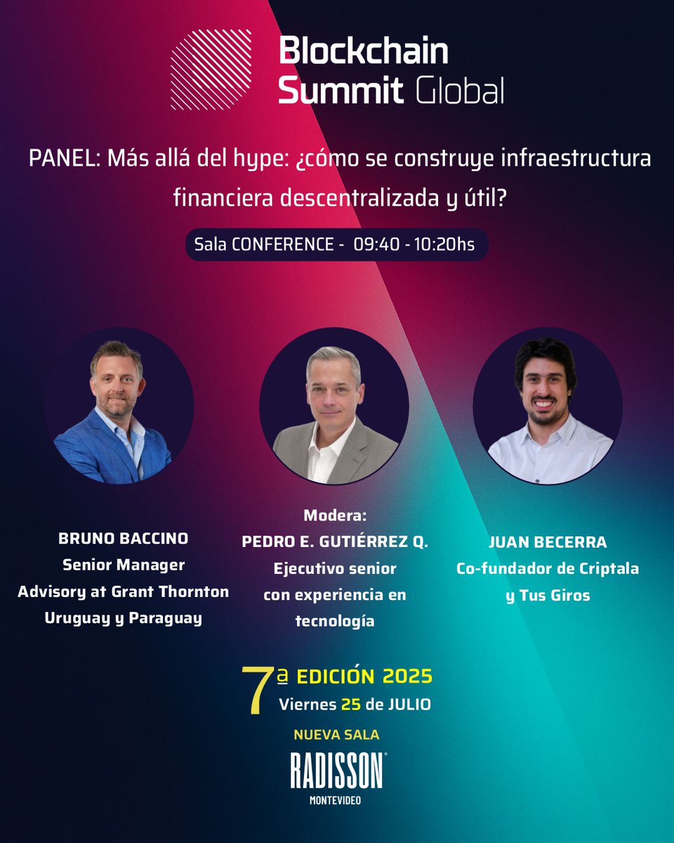 TheBSGlobal's tweet image. 🔧 ¿Cómo se construye infraestructura DeFi útil?
Del hype a lo concreto.
Con Bruno Baccino, Juan Becerra y Pedro Gutiérrez.
📍 Radisson Montevideo
📅 25 de julio
🎟️ lnkd.in/dPP7_a-C
Unite al #BlockchainSummitGlobal2025