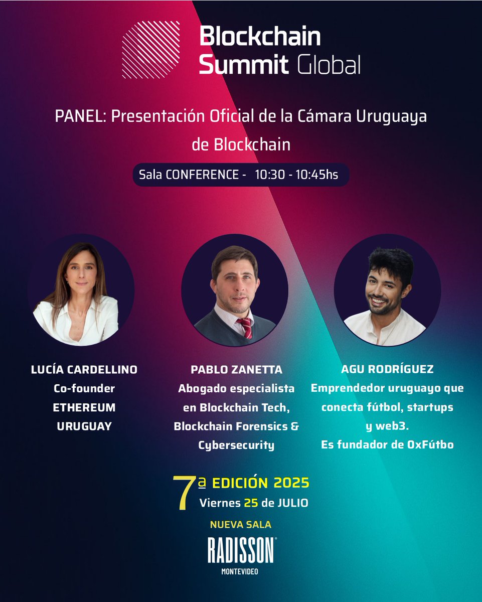 TheBSGlobal's tweet image. 📣 Presentación de la Cámara Uruguaya de Blockchain
Ethereum, ciberseguridad y web3.
Con Lucía Cardellino, Pablo Zanetta y Agu Rodríguez.
📍 Radisson Montevideo
📅 25 de julio
🎟️ lnkd.in/dPP7_a-C
Registrate hoy y viví el #BlockchainSummitGlobal2025