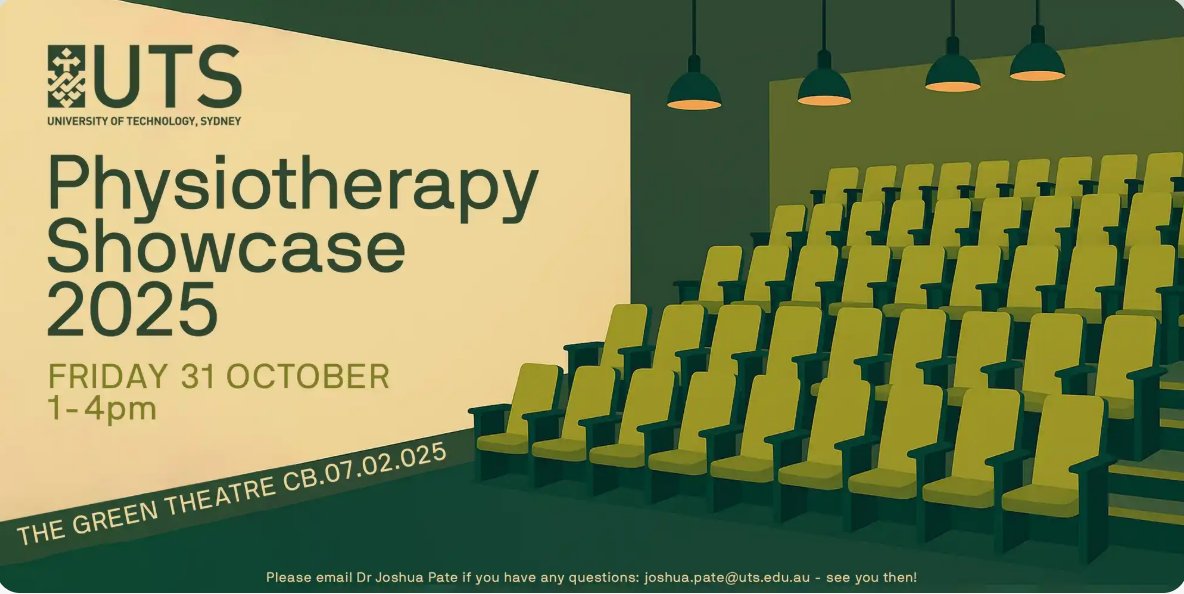 Physio UTS (@utsphysio) on Twitter photo 🎉 It’s back! #UTSPhysio Research Showcase returns on Friday 31 Oct 🧠💡
Celebrate our standout Master of Physiotherapy students research presentations + hear from leading guest speakers.
📅 Save the date & register now!
👉events.humanitix.com/2025-uts-physi… 🎉 It’s back! #UTSPhysio Research Showcase returns on Friday 31 Oct 🧠💡
Celebrate our standout Master of Physiotherapy students research presentations + hear from leading guest speakers.
📅 Save the date & register now!
👉events.humanitix.com/2025-uts-physi…