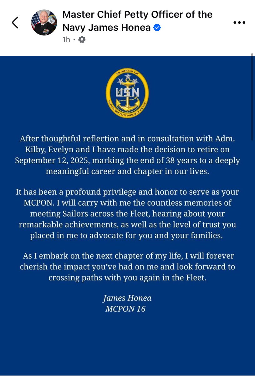 KToropin's tweet image. NEW: The Navy’s top enlisted sailor is retiring a year before the end of his term of office as the @NavyMCPON.
He offers no hint as to what led to the decision in his statement.