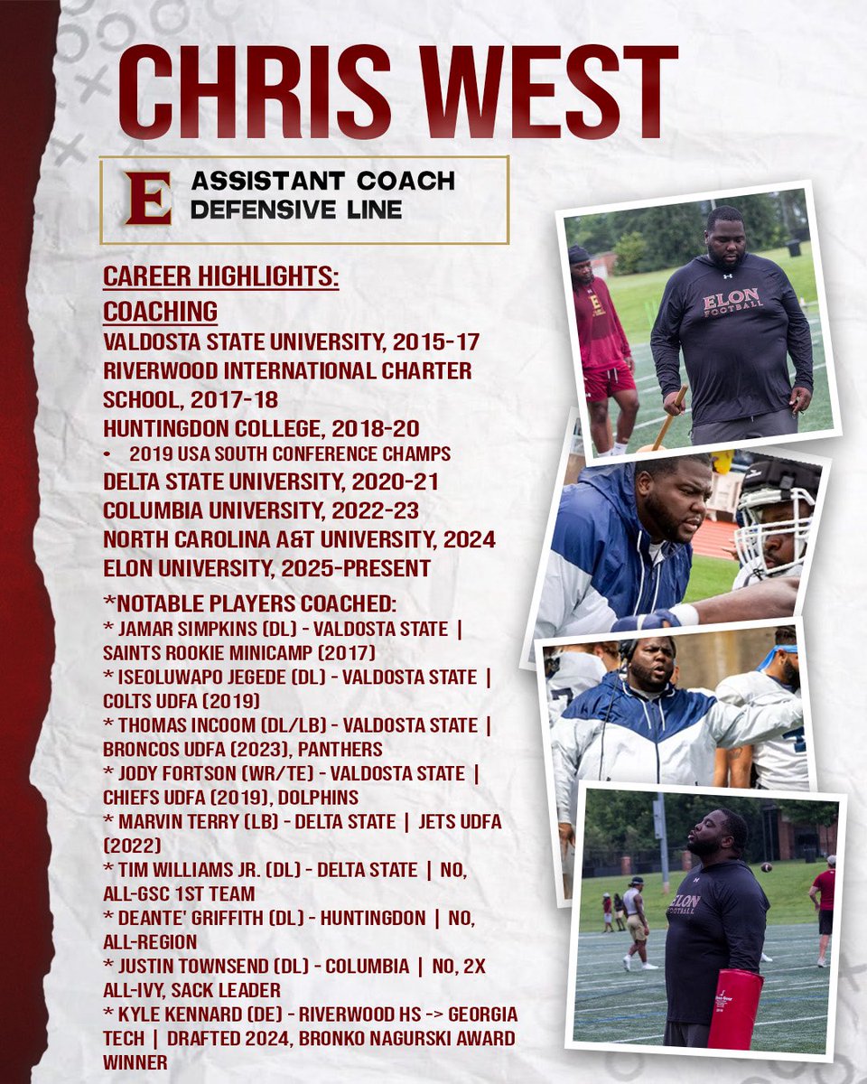 ElonFootball's tweet image. Next up in the Coaches Spotlight Series: Meet the newest member of our staff. A seasoned talent developer and leader of the trenches.@West4theWin
#CoachesSpotlight | #Developers | #AED