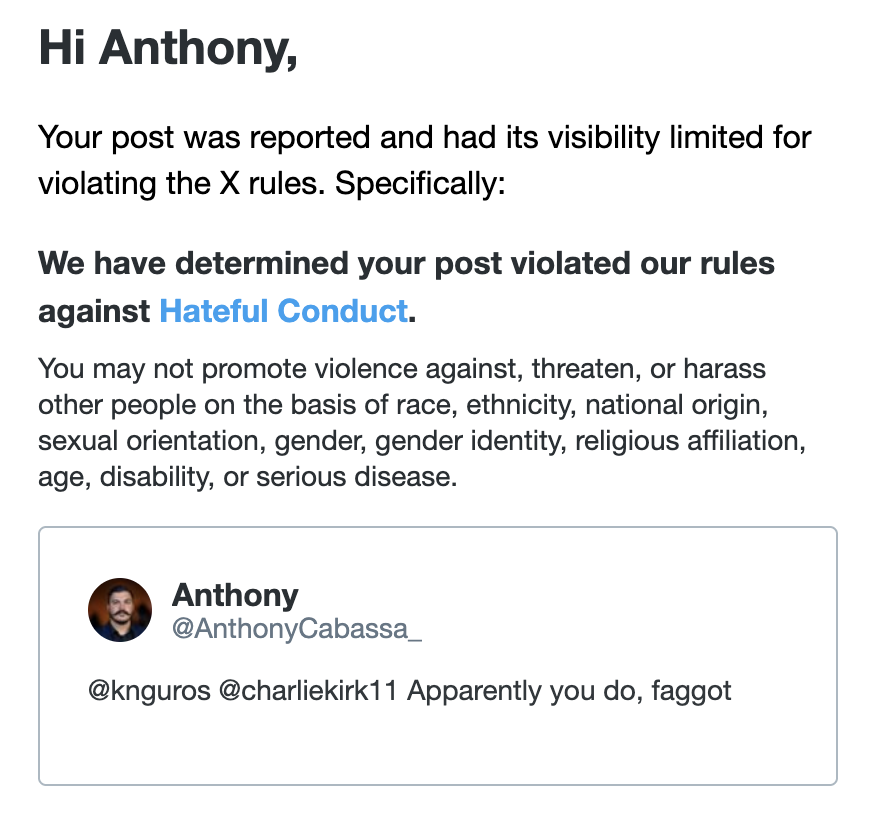 AnthonyCabassa_'s tweet image. I really don't understand why X trips out about the word faggot, especially when they don't know if the receiving end is gay, or if that's even my intention to slander them for being it.
faggot is like 'dumbass' to me. even like a 'okay dummy' or 'apparently you do, moron'.