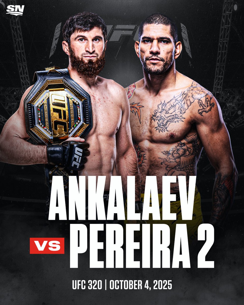 Sportsnet's tweet image. THE REMATCH IS SET ⚔️
Magomed Ankalaev will defend his light heavyweight title against Alex Pereira in the #UFC320 main event on October 4 in Las Vegas, Dana White announced 👊