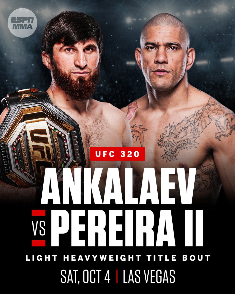 espnmma's tweet image. Magomed Ankalaev will rematch Alex Pereira for the UFC light heavyweight title at UFC 320 in Las Vegas, Dana White announced.