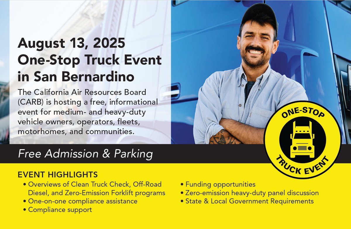 CARBTruckStop's tweet image. CARB is going on a roadshow throughout California & our next stop is in San Bernardino on August 13. Register now to join CARB, local agencies, & air districts providing education & resources on clean truck & diesel regulations, compliance, funding & more. bit.ly/OneStopTruckEv…