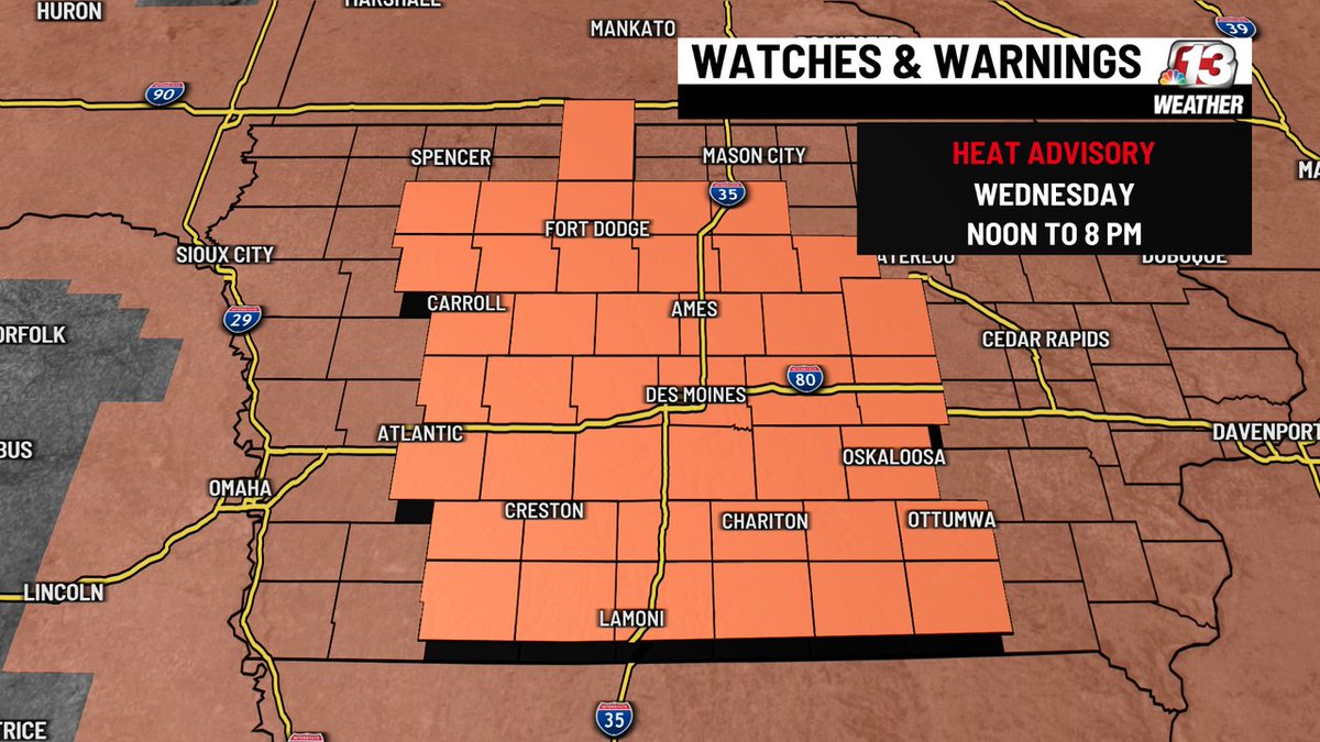 WHOWeather's tweet image. There is a Heat Advisory in effect for all of central Iowa from Noon to 8 PM. The heat index will be around 105. #HeatAdvisory