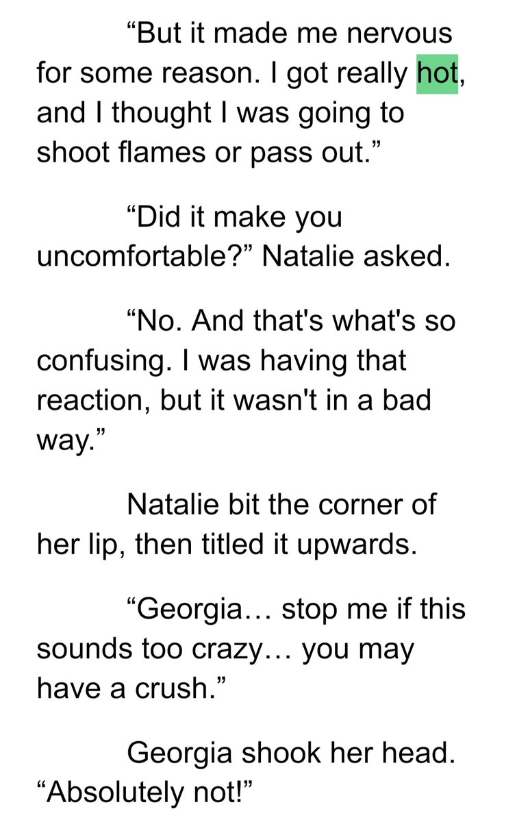 AxleyRowan's tweet image. July 22nd: Snippet with "hot"
This is a scene from Chapter 11, showing how Natalie is trying to navigate her role as a foster parent, and also how Georgia reacts to these attempts. I look forward to writing them bonding more! #QueerPrompts