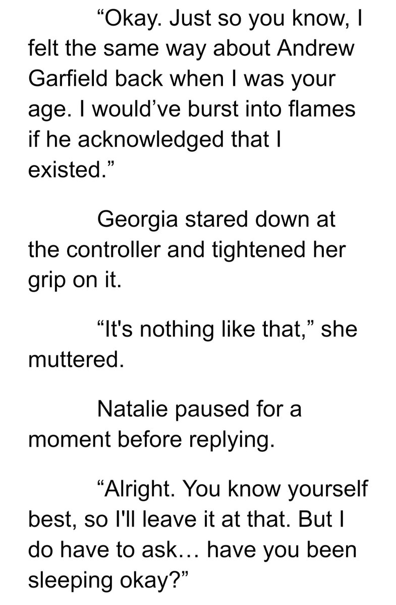 AxleyRowan's tweet image. July 22nd: Snippet with "hot"
This is a scene from Chapter 11, showing how Natalie is trying to navigate her role as a foster parent, and also how Georgia reacts to these attempts. I look forward to writing them bonding more! #QueerPrompts