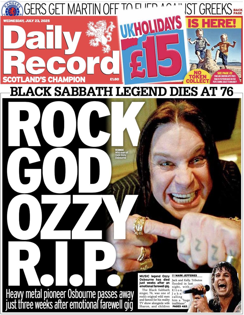 AndyGibsonTV's tweet image. "ROCK GOD OZZY R.I.P."
@MarkJefferies / @Gemma_DP for @Daily_Record
#OzzyOsbourne has died weeks after a #FarewellGig.
The #BlackSabbath frontman was as at the forefront of the #HeavyMetal scene.
Full Story: t.ly/IBwxY
#DailyRecord
#TomorrowsPapersToday
#IBPAPERS
