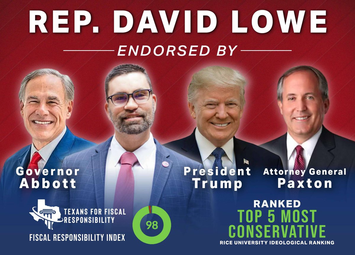 DavidLowe4Texas's tweet image. I am proud to have earned the support of:
President Trump, Governor Abbott, Attorney General Paxton. #txlege