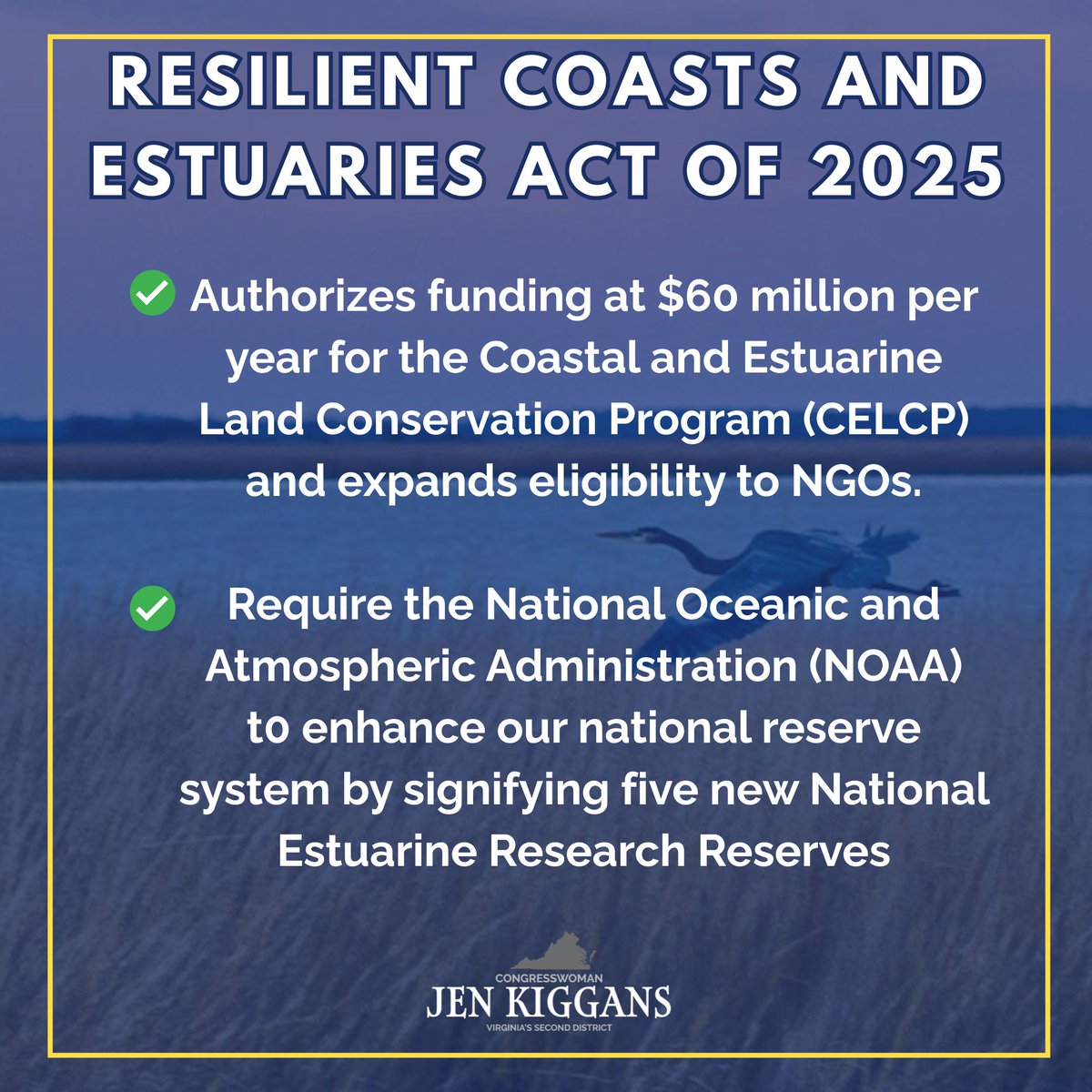 RepJenKiggans's tweet image. As a member of @NatResources and an advocate for #VA02's coastal communities, I was proud to introduce the Resilient Coasts and Estuaries Act of 2025 alongside @RepMikeLevin to strengthen protections for coastal and estuary habitats. I’m pleased to hear that this bill is being…