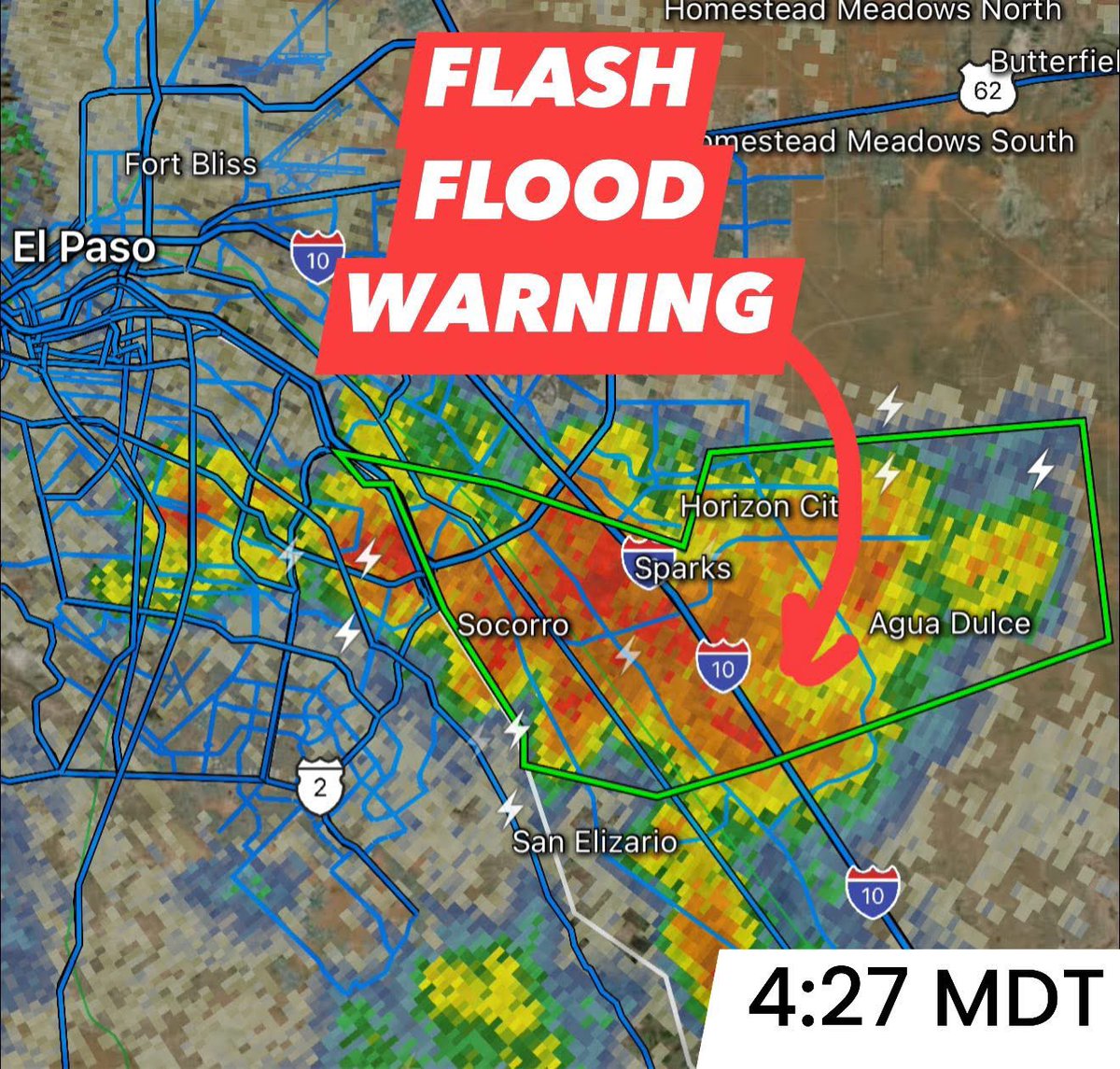 TxStormChasers's tweet image. ⚠️ Flash Flood Warning for Central El Paso County in western Texas Until 545 PM MDT.
At 426 PM MDT, Slow moving thunderstorms with very heavy rainfall are affecting parts of the Lower Valley, especially Socorro and parts of Horizon City, where radar estimates and rain gauges…