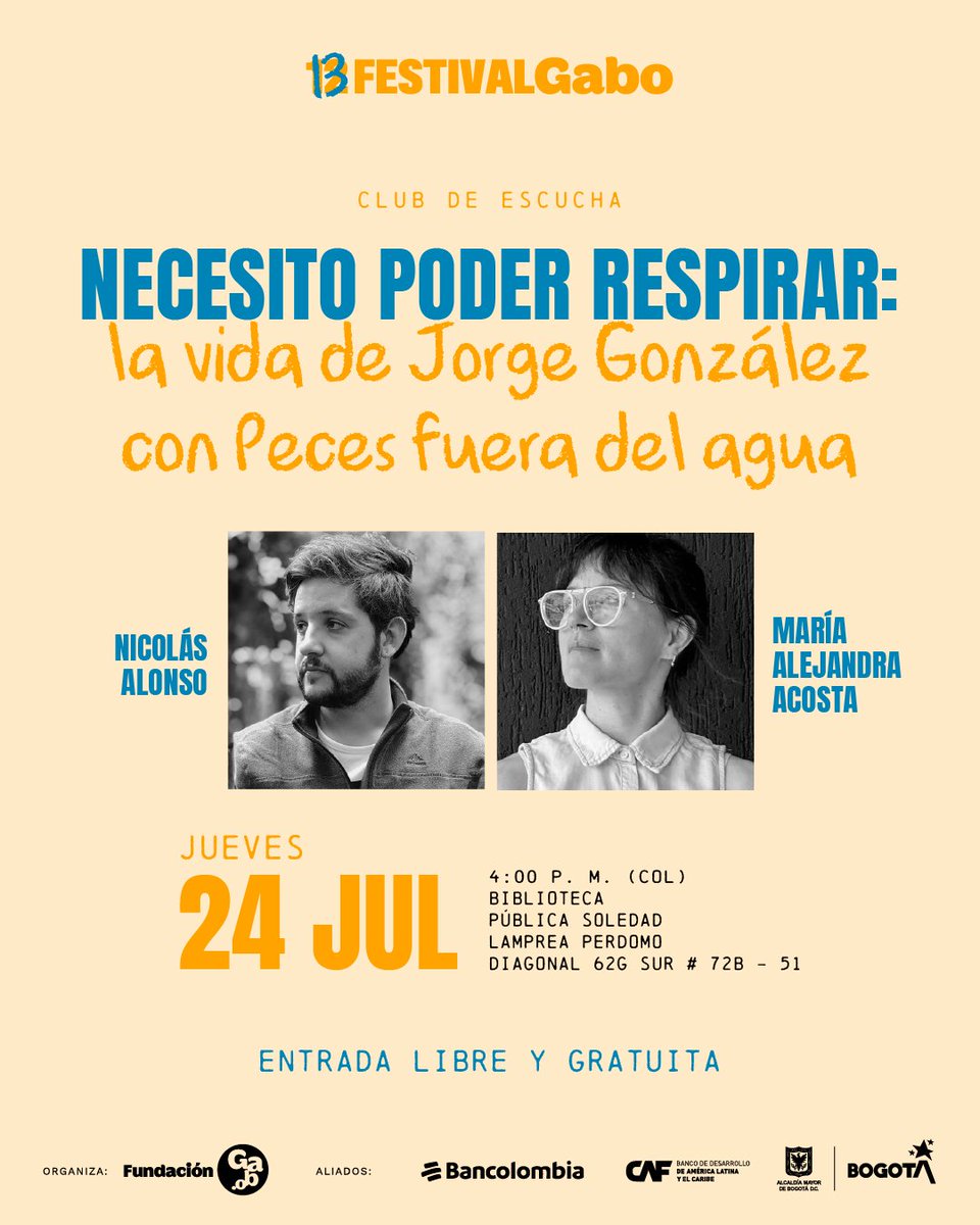 FestivalGabo's tweet image. ¡El #FestivalGabo también se vive y se escucha en las Bibliotecas Públicas Fontibón y Soledad Lamprea - Perdomo!
Disfruta de tus pódcast favoritos con sus autores y el equipo de @porfueradelagua.
📆 Jueves 24 de julio
🤩 Entrada libre hasta llenar aforo
📝 Conoce más de la…