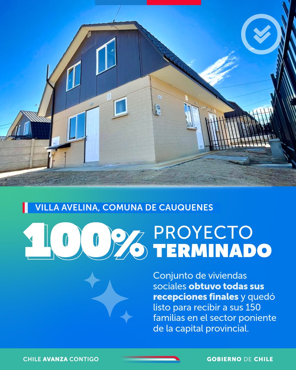 🏡 ¡Villa Avelina es una realidad!

150 familias de Cauquenes pronto reciben sus nuevos hogares tras años de esfuerzo, organización y el apoyo del #PlanEmergenciaHabitacional

🔹 Casas de 52 m²
🔹 Áreas verdes, juegos y sede social
🔹 Barrio digno y conectado

#ChileAvanzaContigo