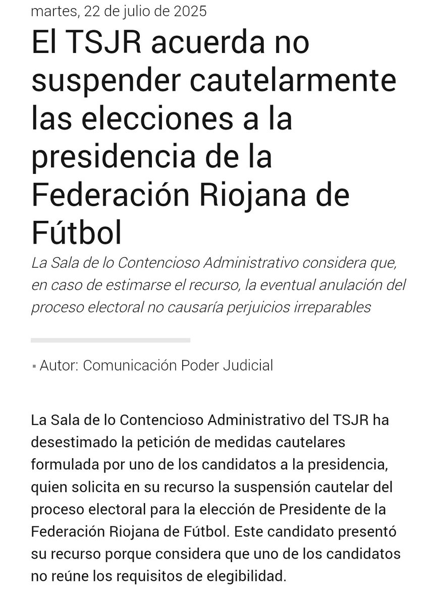 MiguelGalanCNFE's tweet image. La sala del TSJR acuerda lo que ya vaticiné la semana pasada. Las elecciones de la Federación de Fútbol de la Rioja NO se suspenden.
poderjudicial.es/portal/site/cg…