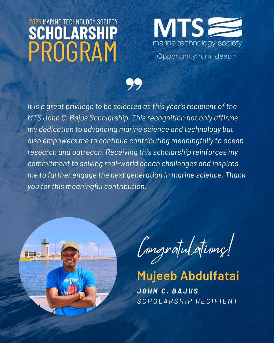 Marine Technology Society (@mtsociety) on Twitter photo Meet Mujeeb Abdulfatai, 2025 John C. Bajus Scholarship Recipient! π
Driven by a passion for advancing ocean science & engaging the next generation, he continues to integrate rigorous scientific research with meaningful community impact.
π Read More: hubs.ly/Q03ynL5F0 Meet Mujeeb Abdulfatai, 2025 John C. Bajus Scholarship Recipient! π
Driven by a passion for advancing ocean science & engaging the next generation, he continues to integrate rigorous scientific research with meaningful community impact.
π Read More: hubs.ly/Q03ynL5F0