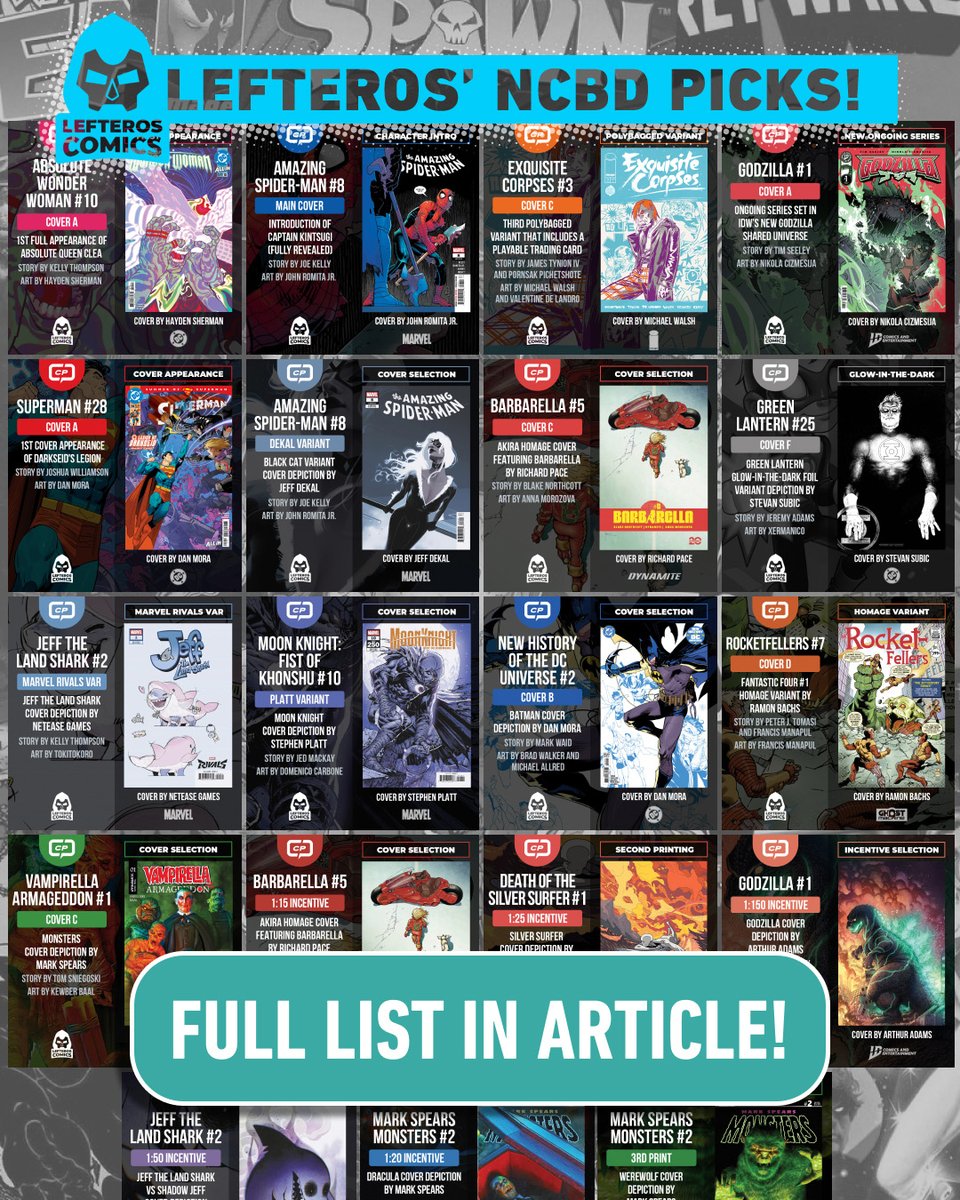 covrprice's tweet image. We’ve got you covered for New Comic Book Day with our picks from @LefterosComics! Hit your LCS with confidence.
Books/covers from @danmora_c @79SemiFinalist @Cleanlined @dcofficial @DynamiteComics @GhostMachinePro @markspearsart and more! #Comics
LINK: covrprice.com/cp-content/202…
