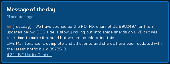 starcitizenbot's tweet image. 🚨 New MOTD Detected:
🎮 (Tuesday) We have opened up the HOTFIX channel CL 9982497 for the 2 updates below. DGS side is slowly rolling out into some shards on LIVE but will take time to make it around but we are accelerating this.
LIVE Maintenance is complete and all clients and…