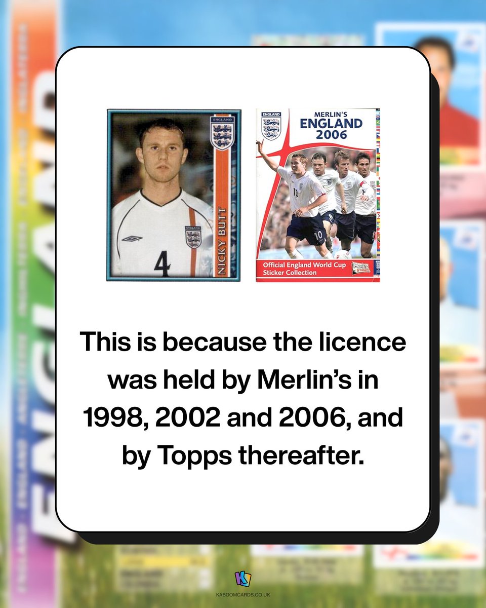kaboomcardsuk's tweet photo. 🦁 ENGLAND CREST DRAMA! 🦁

Did ya know? Panini’s ’98, ’02 &amp; ’06 WC stickers had NO official Three Lions badge?

Blame licensing wars 😤 Merlin &amp; Topps nicked it! 👇Show us if you’ve got one!

"Proper rare" or "Who even noticed?!"

 #WorldCupStickers https://t.co/5G6ci3HD0t