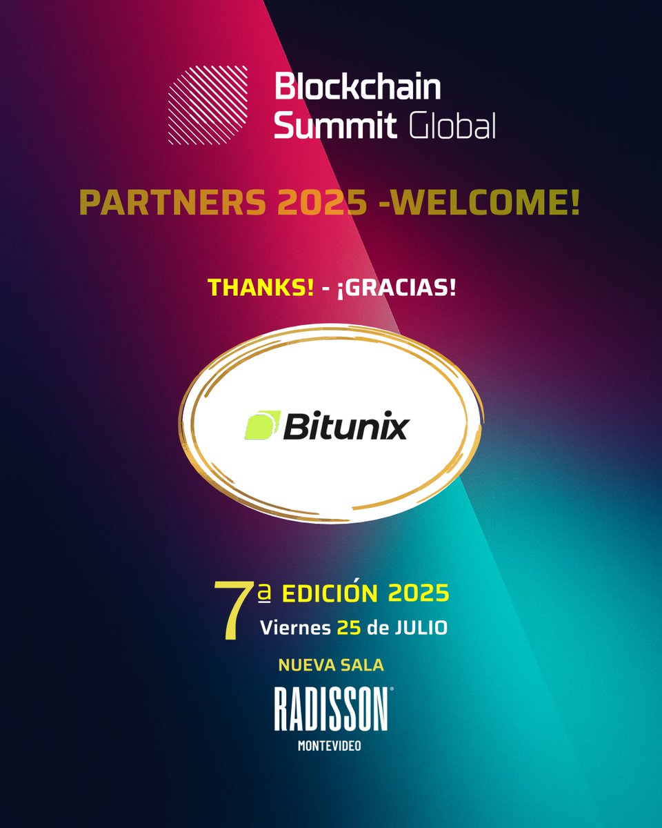 TheBSGlobal's tweet image. 🚀 ¡Bienvenidos @BitunixOfficial como partners del #BlockchainSummitGlobal2025!
Gracias por sumarse a esta edición donde se conecta innovación, comunidad y tecnología.
📅 25 de julio
📍 Radisson Montevideo
🎟️ lnkd.in/dPP7_a-C