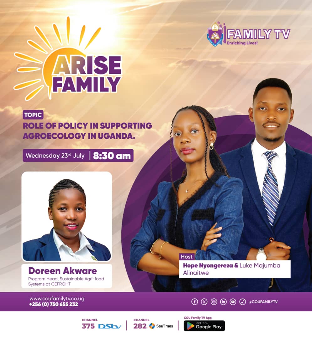 CefrohtUg's tweet image. Join @DoreenAkware LIVE on @coufamilytv today! She will discuss "The Role of Policies in Promoting Agroecology" and explore how policies can support sustainable agri-food systems. Tune in and join the conversation.
@FundAgroecology @davidkabanda @FianUganda @RehemaNamagand1…