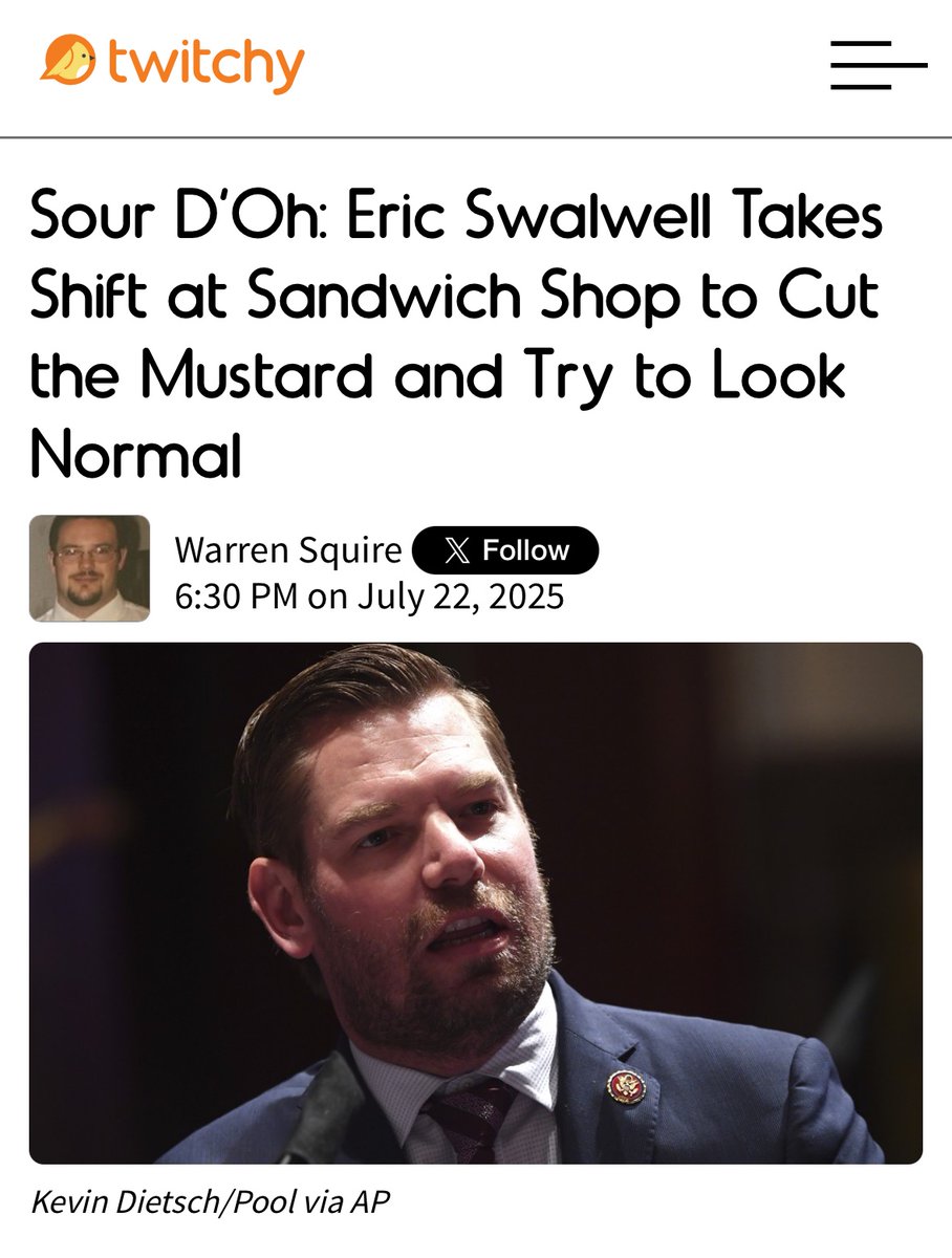 TwitchyTeam's tweet image. NEW>> Sour D’Oh: Eric Swalwell Takes Shift at Sandwich Shop to Cut the Mustard and Try to Look Normal
twitchy.com/warren-squire/…