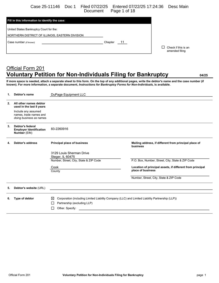 _RKConsultants's tweet image. DuPage Equipment LLC Files Chapter 11 Bankruptcy
🚨 BANKRUPTCY FILING ALERT 🚨
DuPage Equipment LLC
Chapter 11 (Subchapter V) - Northern District of Illinois
Filed: July 22, 2025
Case No. 25-11146
📊 Assets: $500K-$1M | Liabilities: $500K-$1M | Total Creditors: 1-49 |…