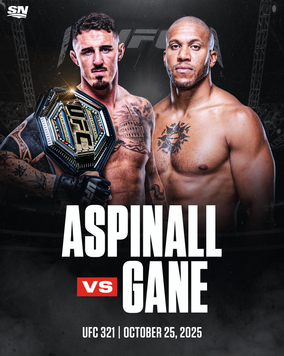 Sportsnet's tweet image. A NEW REIGN BEGINS 😤
Tom Aspinall's first title defence as the undisputed heavyweight champion will be against Ciryl Gane in the #UFC321 main event on October 25 in Abu Dhabi 👊