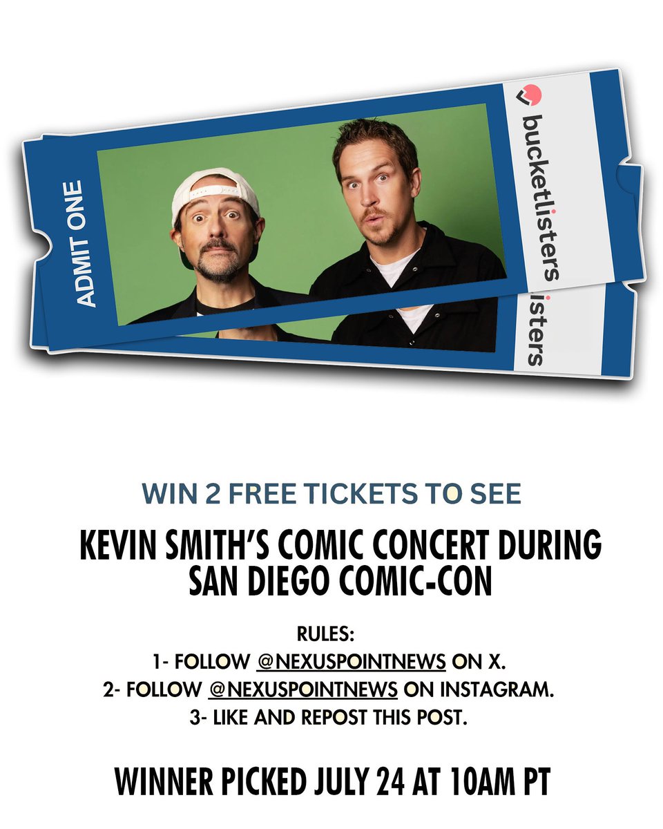 🚨 GIVEAWAY ALERT 🚨 

We're giving a fan two tickets to see Kevin Smith LIVE during #SDCC in the Gaslamp.

Enter our giveaway by following these rules:

1. Follow <a href="/NexusPointNews/">Nexus Point News</a> on X and IG.
2. Like and repost this post.

WINNER PICKED 7/24 at 10AM PT.