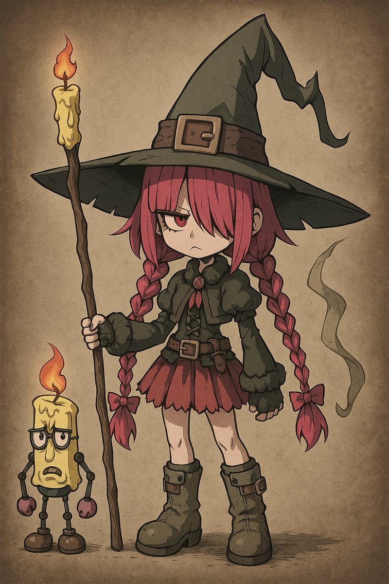 hexdemure's tweet image. Magic girl character I am working on. She is just out of school and on her first adventure hunting down a borrowed magic book. Her name is Vimmi Ridge. She may have a bit of attitude. the magic tool beside her is Churchill. What do you think of her?