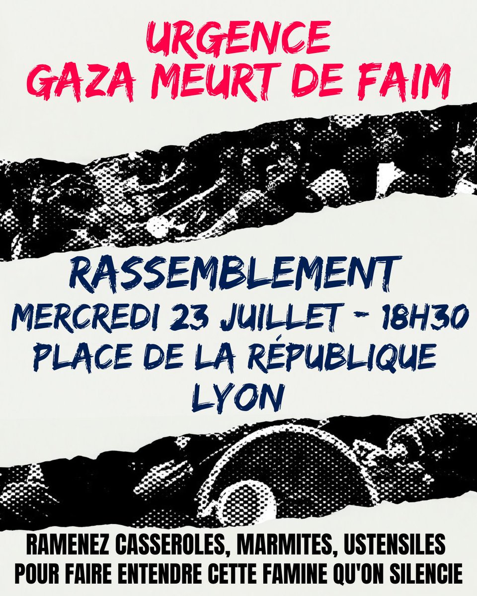 urgencepallyon's tweet image. 🔥 Gaza meurt de faim, le monde se tait !
✊🏼 Rejoignons-nous pour briser le silence et dénoncer le génocide en cours.
🗓️Mercredi 23 juillet - 18h30
📍Place de la République, Lyon