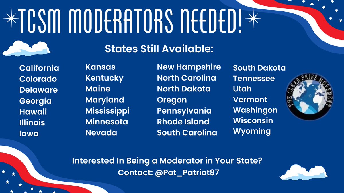 Pat_Patriot87's tweet image. Good Evening TCSM-USA! We Are In need of Moderators for Several States. Please spread the word! If you or someone you know is interested in taking more action, please DM me @Pat_Patriot87