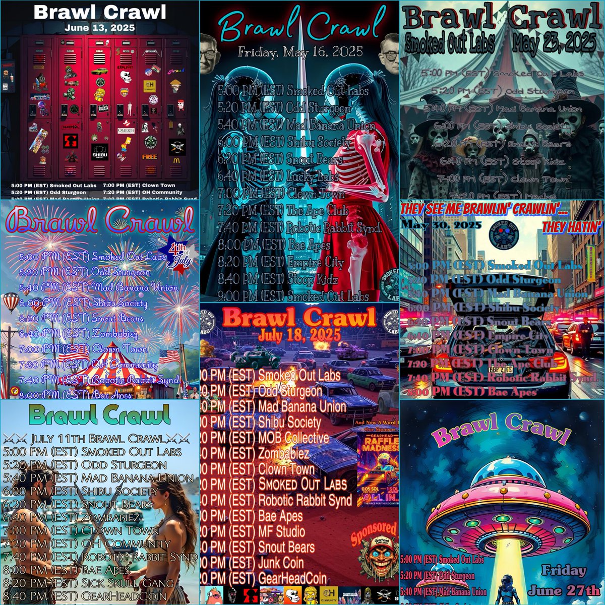 SMOKED_OUT_NFT's tweet image. What: Brawl Crawl
When: Every Friday 5pm Eastern 
Where: discord.gg/zkC45nnq
How: Sponsored by @GearheadCoin 
Why: Prizes and Because we said so!
