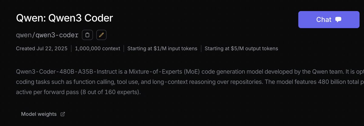 OpenRouterAI's tweet image. 🟣New: Qwen3-Coder by @Alibaba_Qwen
- 480B params (35B active)
- Native 256K context length, extrapolates to 1M
- Outperforms Kimi, o3, DeepSeek, and more on SWE-Bench Verified (69.6%) 👀
Now live, starting at $1/M tokens 👇