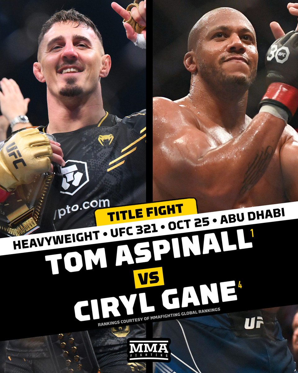 MMAFighting's tweet image. Tom Aspinall puts his #UFC heavyweight title on the line against Ciryl Gane at #UFC321 in Abu Dhabi 👊💥
FULL STORY mma-fighting.visitlink.me/okvZkm