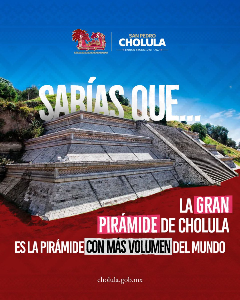 ¿Lo sabías? 🙌🏻 La Gran Pirámide de Cholula es la pirámide con más volumen del mundo. 

📏Cada uno de sus lados mide 400 metros, lo cual es el doble de la Pirámide del Sol en Teotihuacán y cuatro veces más que la Pirámide Keops en Egipto.