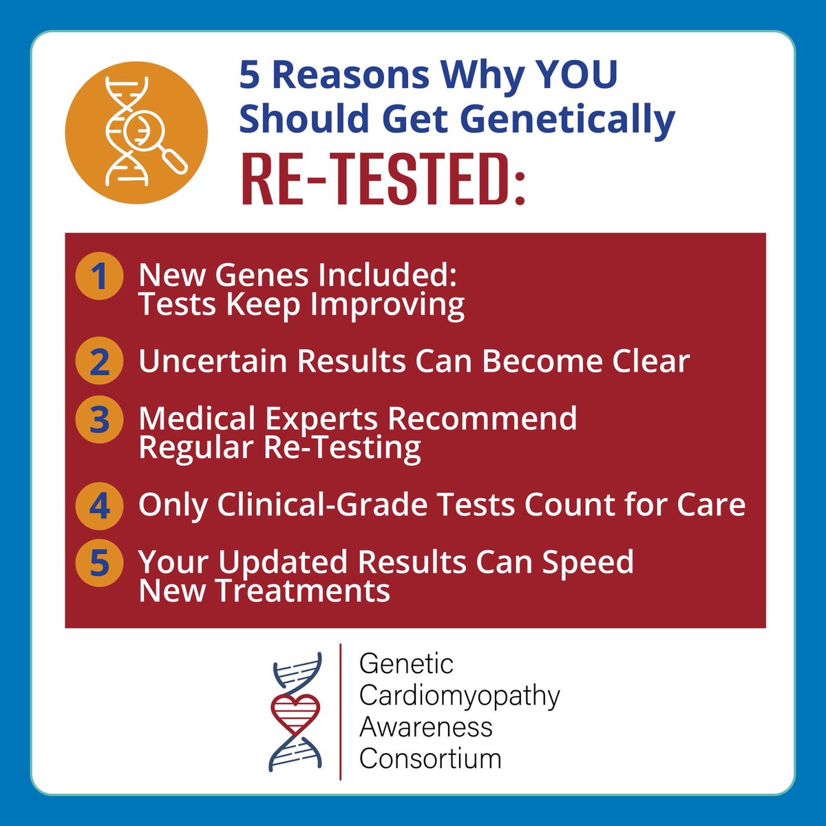 You can now get genetically RETESTED for free! We are, as a GCAC partner, collaborating with a genetic testing company to provide FREE testing. 

👉 geneticcardiomyopathy.org/testing/get-te… 

#genetictesting #lmna #dcm #gcac #lmnacardiac #testing