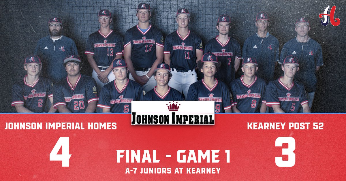 A-7 Juniors at Kearney

Championship Game 1
Hastings Johnson Imperial Homes - 4
Kearney Pinnacle Bank Post 52 - 3
W: Trindyn DeGodt
2B: DeGodt

DeGodt with the walk-off double to force a second championship game.
Game 2 in about 30 minutes.