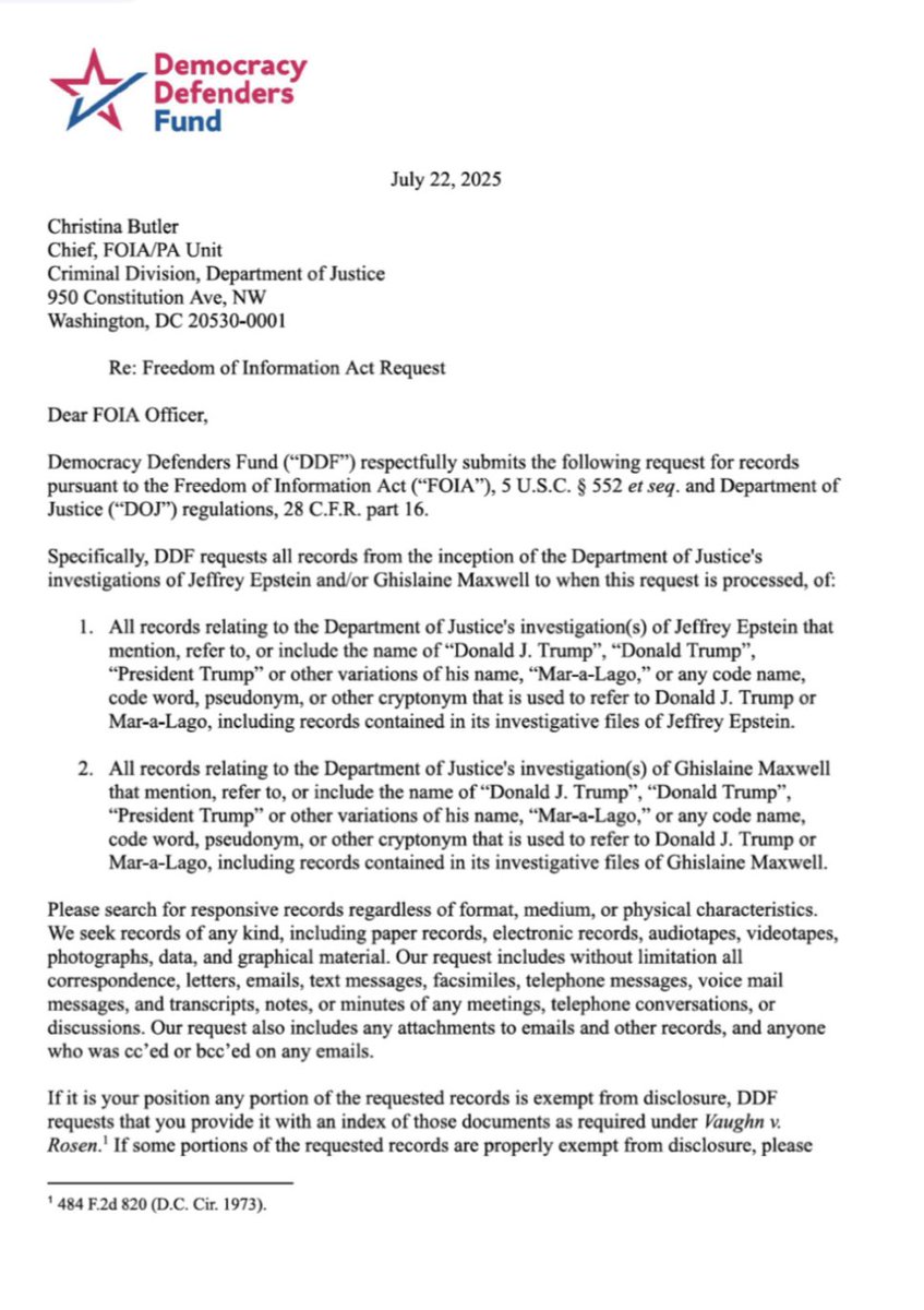 NormEisen's tweet image. BREAKING: We @DDFund_ have demanded the Trump–Epstein files under FOIA
We know they exist. If the admin is producing grand jury material then it should do the same here!
We have warned DOJ to preserve documents in anticipation of litigation
I'll discuss @msnbc at 7 pm ET