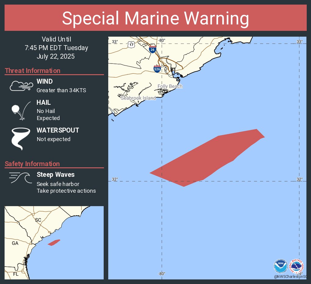 NWSCharlestonSC's tweet image. Special Marine Warning including the Waters from South Santee River SC to Edisto Beach SC extending from 20 nm to 40 nm and Waters from Edisto Beach SC to Savannah GA extending from 20 nm to 40 nm until 7:45 PM EDT