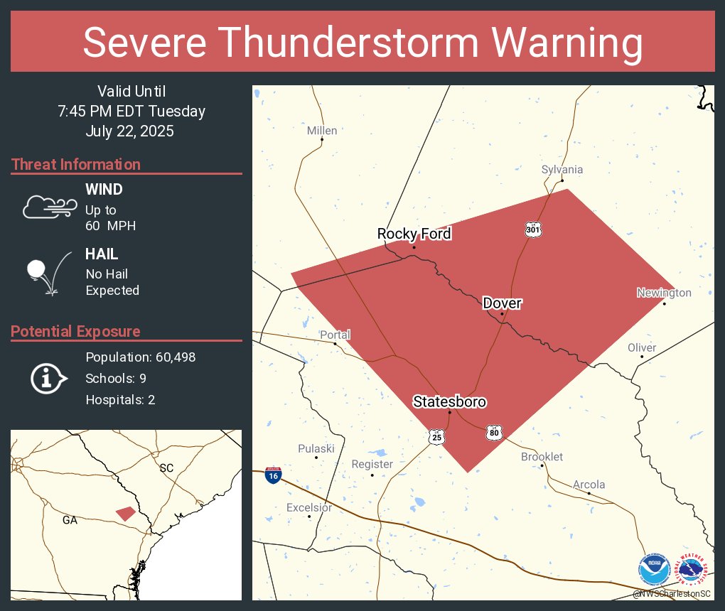 NWSCharlestonSC's tweet image. Severe Thunderstorm Warning including Statesboro GA, Rocky Ford GA and Dover GA until 7:45 PM EDT