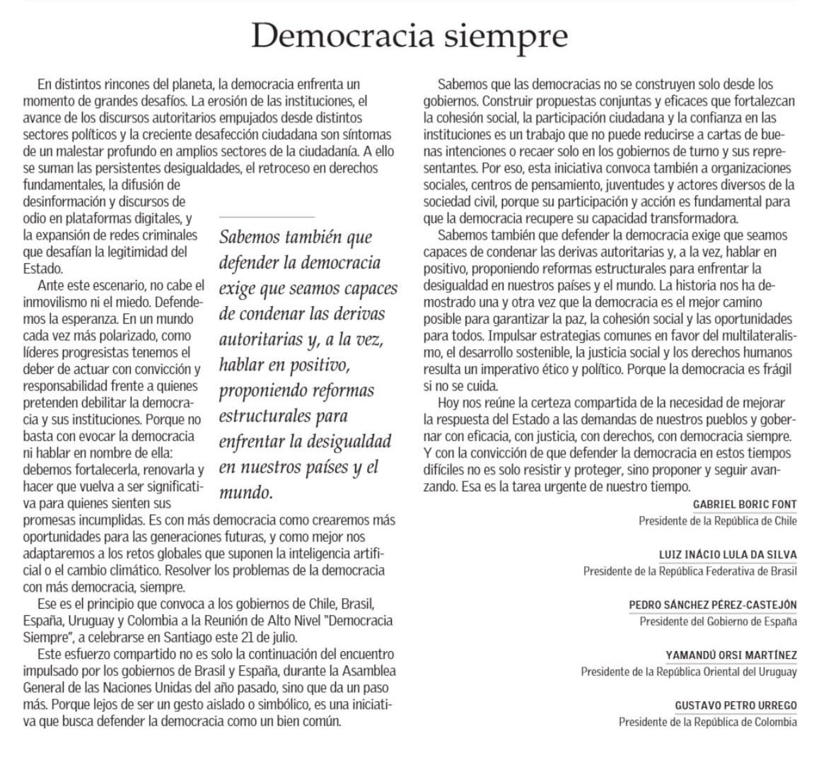 PartidoGenRos's tweet photo. Los presidentes de Uruguay, Brasil, Chile, Colombia y España se unieron para un llamamiento a defender la democracia y a rechazar el autoritarismo. 
Es el puntapié inicial para un movimiento iberoamericano potente y transformador. https://t.co/MqQ1rtGFA1