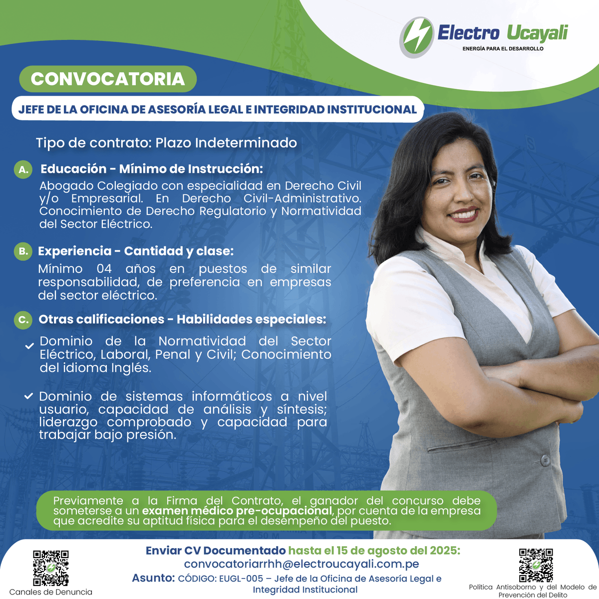 ElectroUcayali's tweet photo. 📣Esta es tu oportunidad para formar parte de nuestro equipo y aportar al desarrollo de la región. 🙌
👷‍♂️ Jefe del Departamento de Seguridad y Medio Ambiente
⚖️ Jefe de la Oficina de Asesoría Legal e Integridad Institucional
🗓️ Postula hasta el 15/08/2025 https://t.co/b8nyQ9jxOT