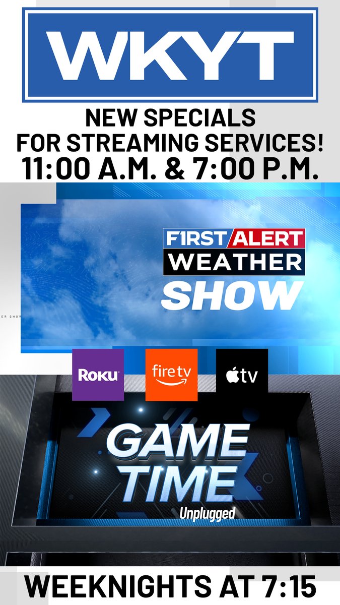 WKYT's tweet image. The WKYT First Alert Weather Show starts at 7, followed by Game Time Unplugged at 7:15!
Watch live on your streaming device or click here: wkyt.com/livestream/?ut…